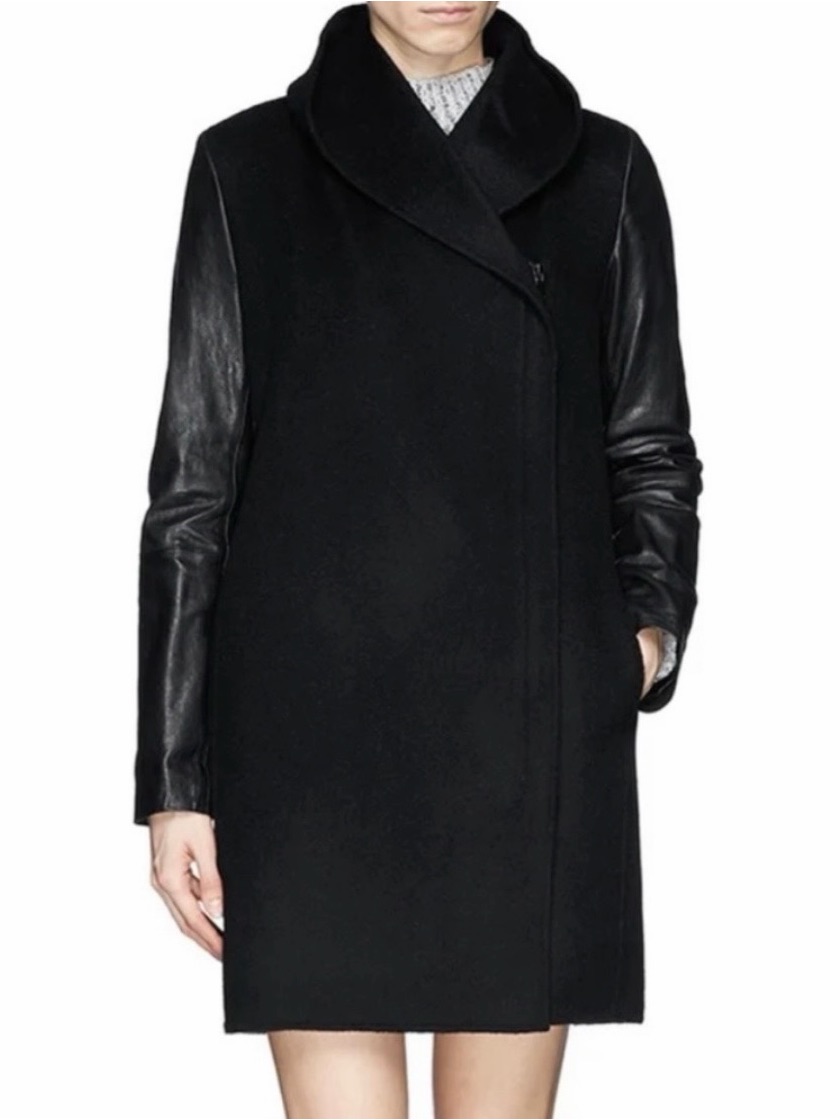 Vince Black Wool-Blend Coat With Leather Sleeves